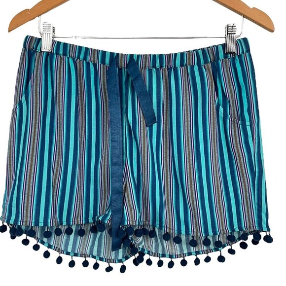 Figue Pants - Figue Maja Shorts Size S Blue Striped Cotton Pom Pom Trim Drawstring Pockets